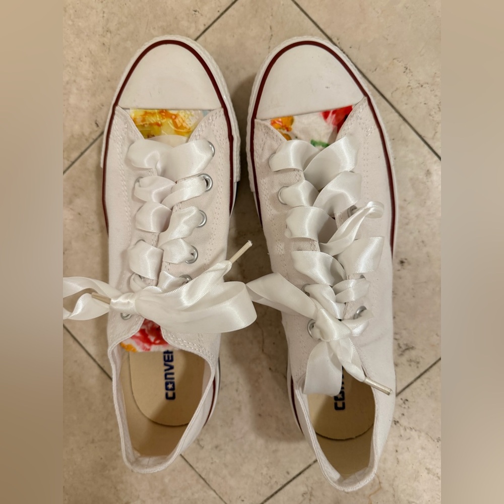 Hand Painted Converse Women's White Satin Lace Sneakers - Picture 3 of 11